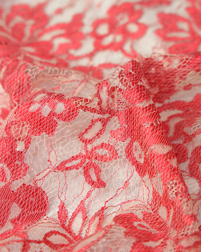 RED FLORAL DESIGN POLYESTER JACQUARD LACE FABRIC