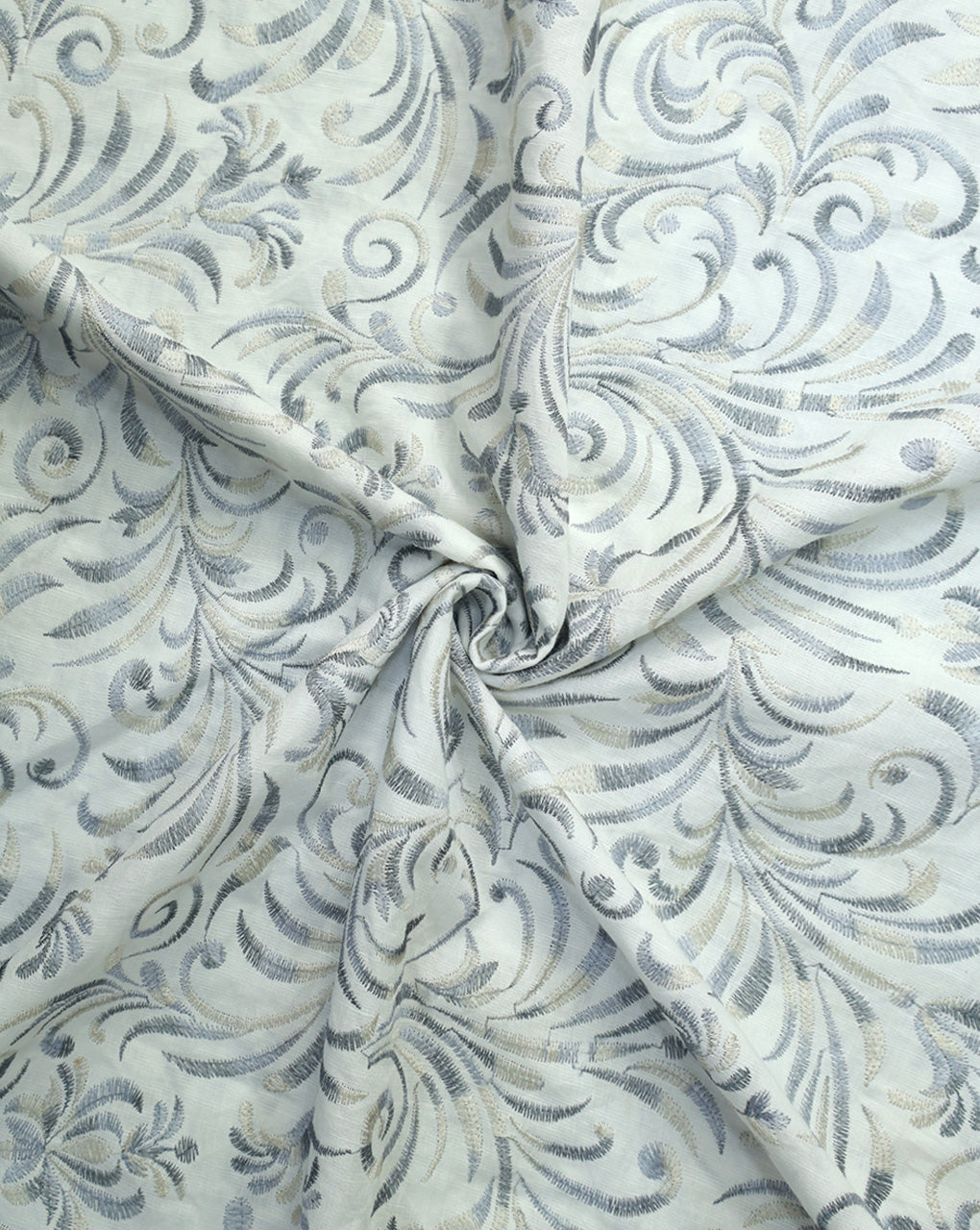 WHITE LEAFS DESIGN LINEN EMBROIDERY FABRIC