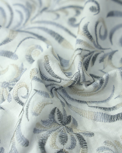 WHITE LEAFS DESIGN LINEN EMBROIDERY FABRIC